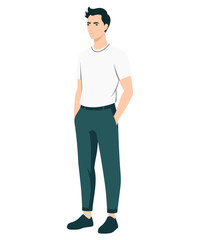 Vector illustration. A man in a white T-shirt and dark trousers, stands in a relaxed pose, his hands are down.
