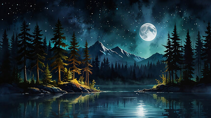 The moon shines brightly in the night sky, watercolor art