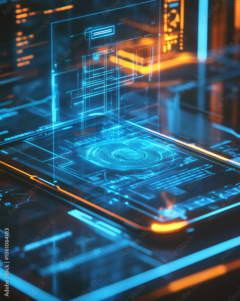 Poster a futuristic phone with a blue and orange holographic interface shows a circular pattern