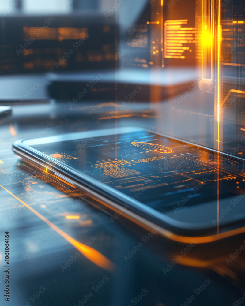 Poster a smartphone sits on a desk, its screen glowing with abstract digital patterns