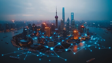 Fototapeta premium Smart digital city with connection cyber security network reciprocity over the cityscape . future smart wireless digital city and social media networking systems that connects people within the city