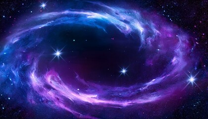 A swirling nebula of purple and blue, scattered with bright stars, creates a stunning cosmic spectacle.