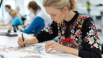 Designer drawing stylish outfit blending tradition with contemporary fashion. AI generated