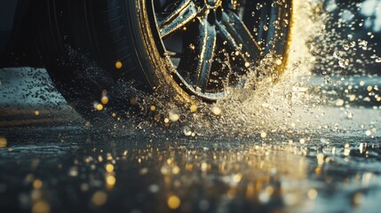 Dynamic wheels slicing through water on rain-soaked roads, with sprays that showcase the agility of urban driving
