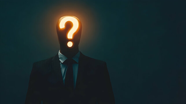 A silhouette of a person in a suit with a glowing question mark for a face, representing curiosity and intrigue -