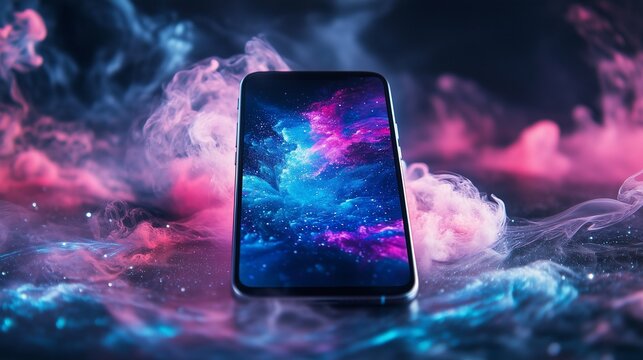 Responsive Smartphone with Cosmic Display for Futuristic Tech Concept