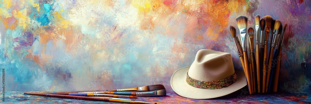 Aufkleber an artist's hat lies next to a collection of brushes and paint tubes on an easel, creating an inspir
