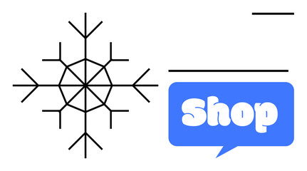 Black snowflake with geometric lines alongside blue speech bubble with shop text in white. Ideal for winter themes holiday shopping online stores seasonal sales and marketing promotions. Minimalist