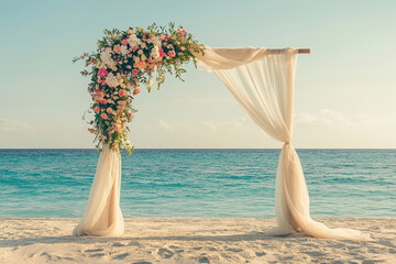 tropical beach wedding arch adorned with flowers and fabric overlooking ocean