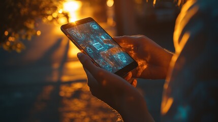 Person using smartphone with holograms at sunset