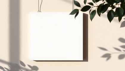 White canvas, blank picture mockup hanging on beige wall with dark shadows of leaves. Poster mockup, empty canvas with shadows of plant, side view isolated with white highlights, png