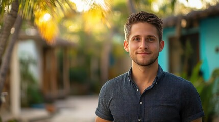 Fototapeta premium Confident Young Man Smiling in Tropical Setting with Lush Background