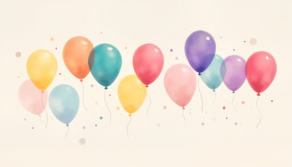 Playful watercolor balloons in various colors with a light background and copy space