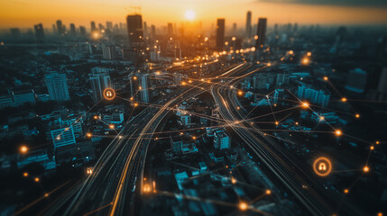 Fototapeta premium Smart digital city with connection cyber security network reciprocity over the cityscape . future smart wireless digital city and social media networking systems that connects people within the city