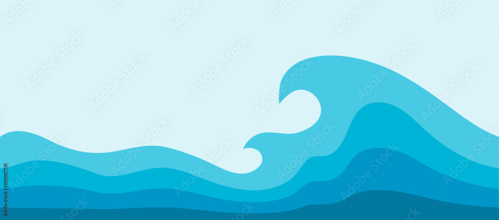 Poster Abstract blue ocean waves. Dynamic curve sea wave seamless pattern. Vector banner. Flat design.