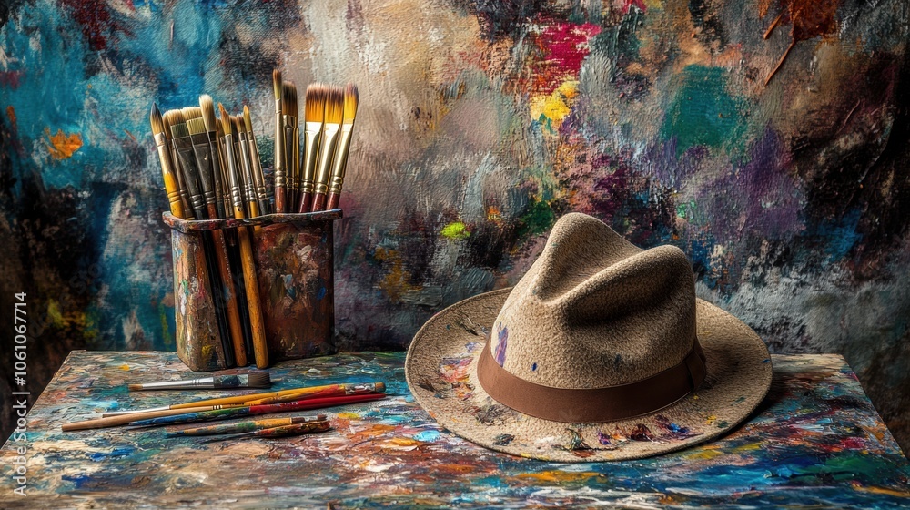 Poster an artist's hat lies next to a container of brushes and paint tubes on an easel adorned with a palet