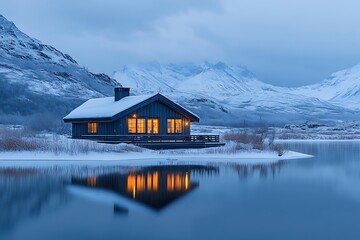 Fototapeta premium A cozy cabin nestled on a snowy lake shore with majestic mountains in the background