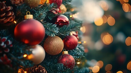 Close-up of Festive Christmas Decorations on Tree
