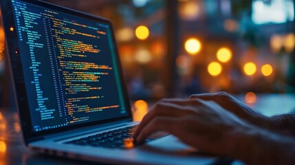 Focused Coding Session on Laptop at Dusk