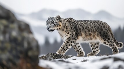 Fototapeta premium Majestic Snow Leopard Walking in Mountain Landscape