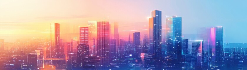 Fototapeta premium Vibrant Cityscape at Sunset: Dazzling Skyscrapers Against a Warm Sky