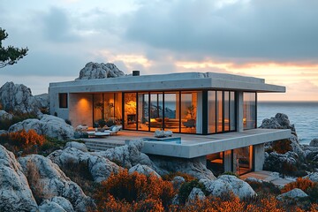 Modern house on a cliff overlooking the sea at sunset