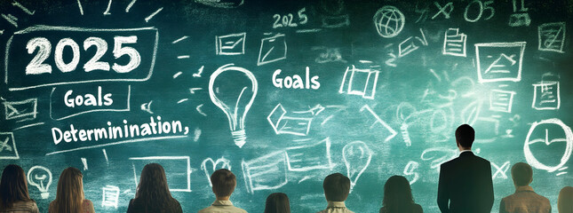 Classroom with a teacher presenting "2025" along with keywords like "Goals" and "Determination," symbolizing educational goals  -