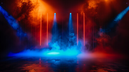Red and blue lights illuminate a smoky stage, creating a vibrant and energetic atmosphere