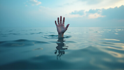 A hand stretches out of the water surface, A person stretching their hand out of the water for help before drowning