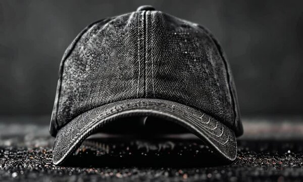 A black baseball cap on a textured black surface.