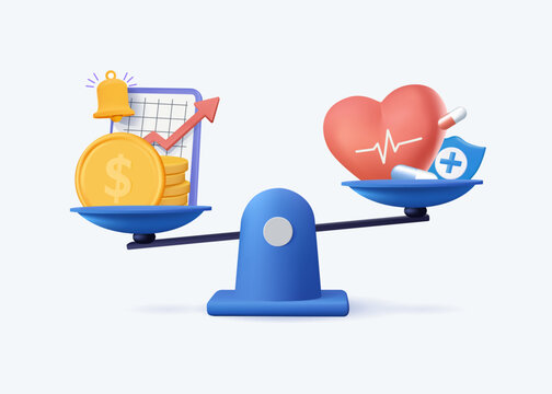 Health and work on scales. Balance job, money and sleep. Comparison business stress and healthy life. 3D realisitc vector concept. Measurement equality health and work illustration