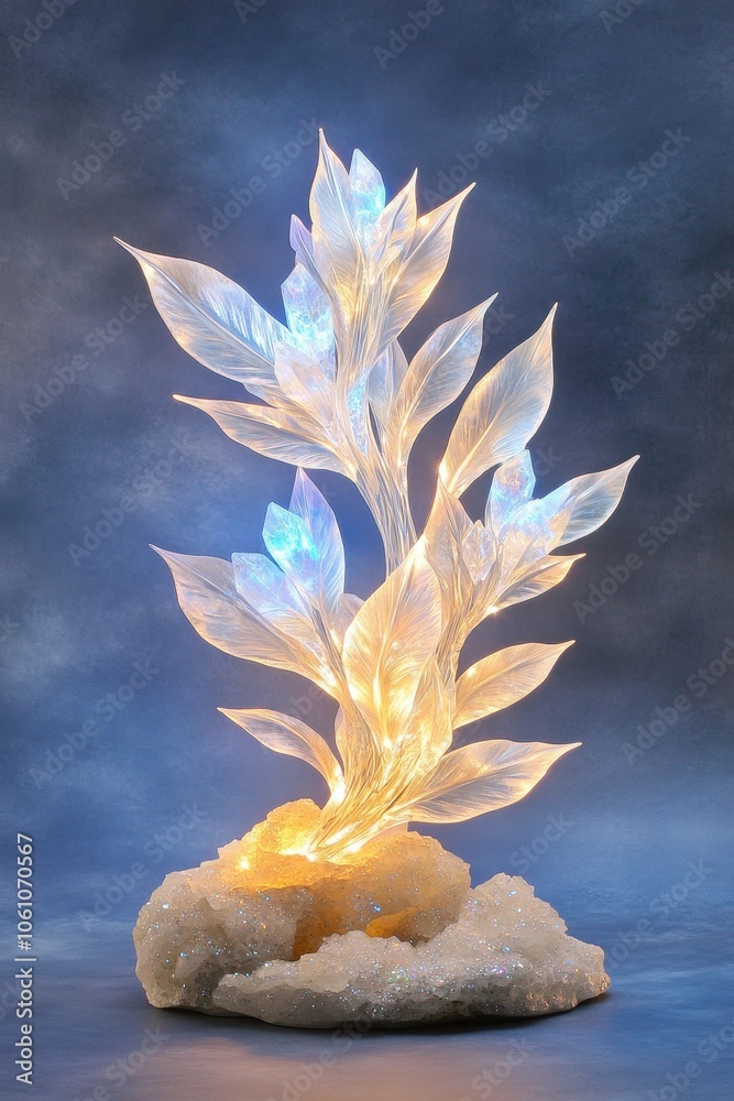 Poster ethereal crystal forest with luminous plants and glittering creatures in a dreamlike setting