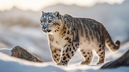 Majestic Snow Leopard Walking in Snowy Mountains