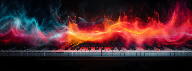 Colorful sound waves and musical notes on a piano, capturing the rhythm and energy of music  -