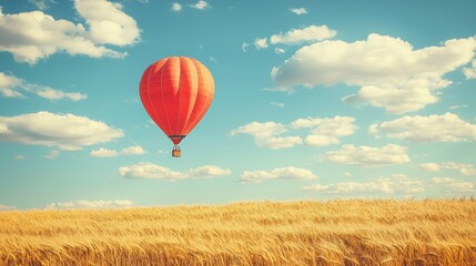Obraz premium Red hot air balloon floating over the golden wheat field