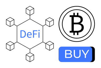 Blockchain network concept with DeFi, Bitcoin symbol, and BUY button. Ideal for cryptocurrency, fintech, digital investment, blockchain technology, online trading, decentralized finance trends