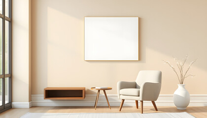 Standing canvas next to beige living room wall and single armchair isolated with white highlights, png