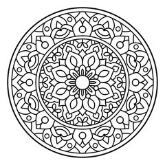 Hand drawn floral mandala with line in circle. round shape. drawing of botanical natural theme. for coloring book page, decoration, tattoo, wallpaper, sticker.