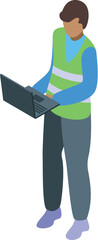 Road construction worker wearing safety vest using laptop for engineering and project management