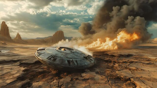 A captivating and futuristic UFO crash landing in a stunning desert landscape filled with dramatic elements