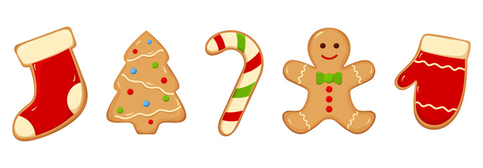 Christmas gingerbread cookie collection: Christmas tree, candy cane, stocking, and gingerbread man. Vector illustration.