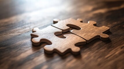 Two Interlocking Wooden Puzzle Pieces on a Brown Wooden Surface