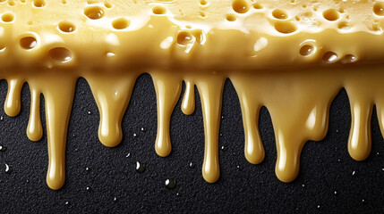 A close-up of melted cheese dripping down with a smooth, glossy texture, showcasing holes and bubbles in a realistic, appetizing display against a dark background