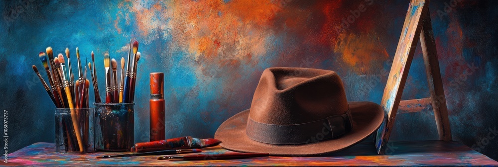 Aufkleber beside an easel, an artist's hat lies next to an array of brushes and paint tubes, creating an invit
