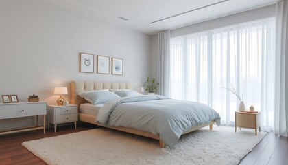 Fototapeta premium A serene and peaceful bedroom with a plush, cream-colored area rug, a large, floor-to-ceiling window with sheer white curtains, and a comfortable, oversized bed dressed in soft, sky-blue linens. 