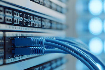 Fototapeta premium Network Switch or Router with Cables | Data Center Equipment, Internet Connectivity, IT Infrastructure, High-Speed Networking Hardware