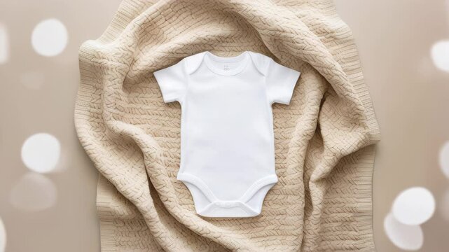 White baby short sleeve bodysuit mockup for presentation cute sublimation designs. bodysuit on textured knit blanket