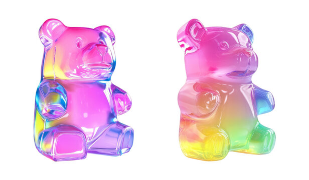 colorful gummy bears isolated on white background iridescent rainbow gradient colors sweet jelly candy transparent sugary treat childhood fun playful confectionery vibrant hues playful snack sugary - Powered by Adobe