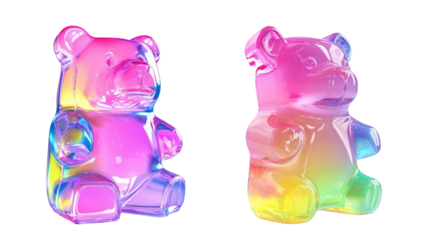 colorful gummy bears isolated on white background iridescent rainbow gradient colors sweet jelly candy transparent sugary treat childhood fun playful confectionery vibrant hues playful snack sugary