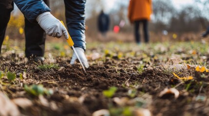 Fototapeta premium Close-up of a person wearing gloves digging in the dirt with a small gardening tool.